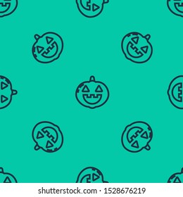 Blue line Pumpkin icon isolated seamless pattern on green background. Happy Halloween party.  Vector Illustration