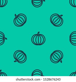Blue line Pumpkin icon isolated seamless pattern on green background. Happy Halloween party.  Vector Illustration