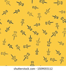 Blue line Push pin icon isolated seamless pattern on yellow background. Thumbtacks sign.  Vector Illustration