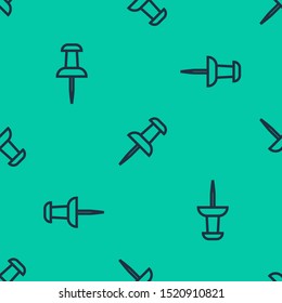 Blue line Push pin icon isolated seamless pattern on green background. Thumbtacks sign.  Vector Illustration