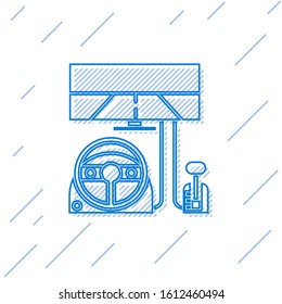 Blue line Racing simulator cockpit icon isolated on white background. Gaming accessory. Gadget for driving simulation game.  Vector Illustration