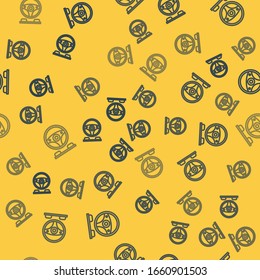 Blue line Racing simulator cockpit icon isolated seamless pattern on yellow background. Gaming accessory. Gadget for driving simulation game.  Vector Illustration