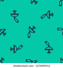 Blue line Radar icon isolated seamless pattern on green background. Search system. Satellite sign.  Vector Illustration
