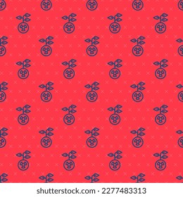 Blue line Radioactive icon isolated seamless pattern on red background. Radioactive toxic symbol. Radiation hazard sign.  Vector
