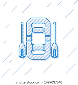 Blue line Rafting boat icon isolated on white background. Inflatable boat with oars. Water sports, extreme sports, holiday, vacation, team building.  Vector Illustration