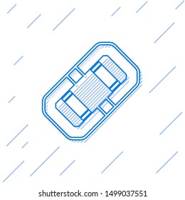 Blue line Rafting boat icon isolated on white background. Inflatable boat. Water sports, extreme sports, holiday, vacation, team building.  Vector Illustration