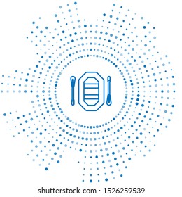 Blue line Rafting boat icon isolated on white background. Inflatable boat with paddles. Water sports, extreme sports, holiday, vacation. Abstract circle random dots. Vector Illustration