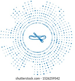 Blue line Rafting boat icon isolated on white background. Inflatable boat with paddles. Water sports, extreme sports, holiday, vacation. Abstract circle random dots. Vector Illustration