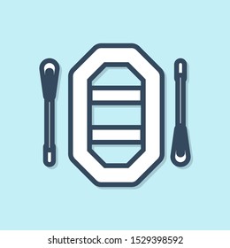 Blue line Rafting boat icon isolated on blue background. Inflatable boat with paddles. Water sports, extreme sports, holiday, vacation.  Vector Illustration