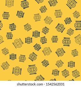 Blue line Rafting boat icon isolated seamless pattern on yellow background. Inflatable boat with paddles. Water sports, extreme sports, holiday, vacation.  Vector Illustration