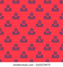 Blue line Railway station icon isolated seamless pattern on red background.  Vector