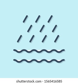 Blue line Rain and waves icon isolated on blue background. Rain cloud precipitation with rain drops.  Vector Illustration