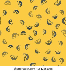 Blue line Rainbow with clouds icon isolated seamless pattern on yellow background.  Vector Illustration