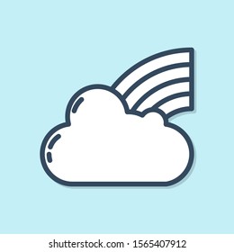 Blue line Rainbow with clouds icon isolated on blue background.  Vector Illustration