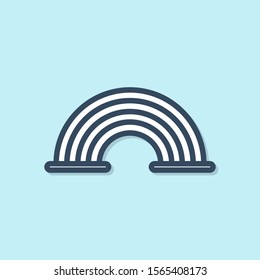 Blue line Rainbow with clouds icon isolated on blue background.  Vector Illustration