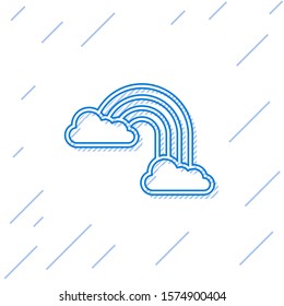 Blue line Rainbow with clouds icon isolated on white background.  Vector Illustration