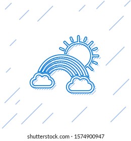 Blue line Rainbow with clouds and sun icon isolated on white background.  Vector Illustration