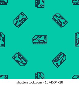 Blue line RAM, random access memory icon isolated seamless pattern on green background.  Vector Illustration