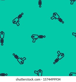 Blue line Ray gun icon isolated seamless pattern on green background. Laser weapon. Space blaster.  Vector Illustration