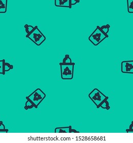 Blue line Recycle bin with recycle symbol icon isolated seamless pattern on green background. Trash can icon. Garbage bin sign. Recycle basket sign.  Vector Illustration