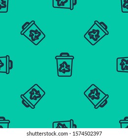 Blue line Recycle bin with recycle symbol icon isolated seamless pattern on green background. Trash can icon. Garbage bin sign. Recycle basket sign.  Vector Illustration