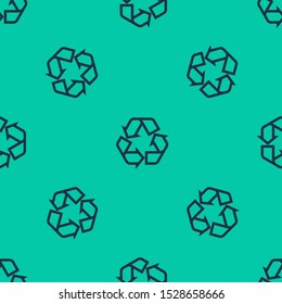 Blue line Recycle symbol icon isolated seamless pattern on green background. Circular arrow icon. Environment recyclable go green.  Vector Illustration