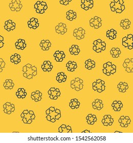 Blue line Recycle symbol icon isolated seamless pattern on yellow background. Circular arrow icon. Environment recyclable go green.  Vector Illustration