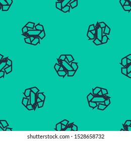 Blue line Recycling plastic bottle icon isolated seamless pattern on green background.  Vector Illustration