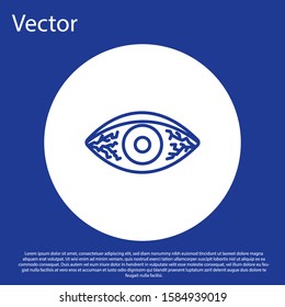 Blue line Reddish eye due to viral, bacterial or allergic conjunctivitis icon isolated on blue background. White circle button. Vector Illustration