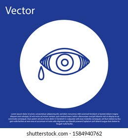 Blue line Reddish eye due to viral, bacterial or allergic conjunctivitis icon isolated on blue background. White circle button. Vector Illustration