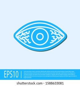 Blue line Reddish eye due to viral, bacterial or allergic conjunctivitis icon isolated on grey background.  Vector Illustration