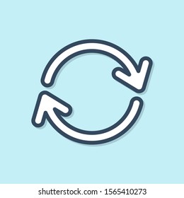 Blue line Refresh icon isolated on blue background. Reload symbol. Rotation arrows in a circle sign.  Vector Illustration