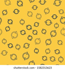 Blue line Refresh icon isolated seamless pattern on yellow background. Reload symbol. Rotation arrows in a circle sign.  Vector Illustration