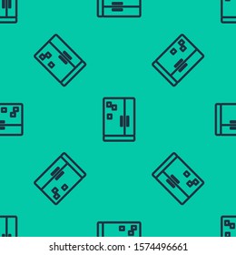 Blue line Refrigerator icon isolated seamless pattern on green background. Fridge freezer refrigerator. Household tech and appliances.  Vector Illustration