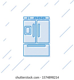 Blue line Refrigerator icon isolated on white background. Fridge freezer refrigerator. Household tech and appliances.  Vector Illustration