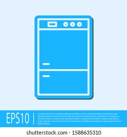 Blue line Refrigerator icon isolated on grey background. Fridge freezer refrigerator. Household tech and appliances.  Vector Illustration