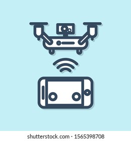 Blue line Remote aerial drone with a camera taking photography or video recording icon isolated on blue background.  Vector Illustration