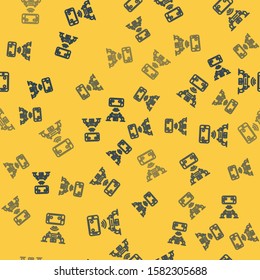 Blue line Remote aerial drone with a camera taking photography or video recording icon isolated seamless pattern on yellow background.  Vector Illustration