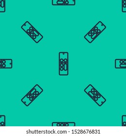 Blue line Remote control icon isolated seamless pattern on green background.  Vector Illustration