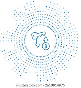 Blue line Rent key icon isolated on white background. The concept of the house turnkey. Abstract circle random dots. Vector