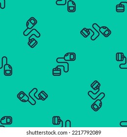 Blue Line Retractable Cord Leash With Carabiner Icon Isolated Seamless Pattern On Green Background. Pet Dog Lead. Animal Accessory For Outdoors Walk.  Vector