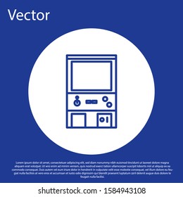 Blue line Retro arcade game machine icon isolated on blue background. White circle button. Vector Illustration