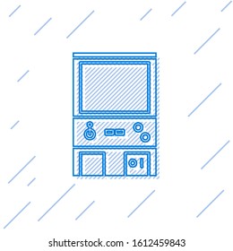 Blue line Retro arcade game machine icon isolated on white background.  Vector Illustration