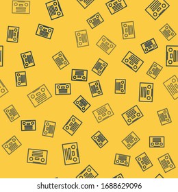 Blue line Retro audio cassette tape icon isolated seamless pattern on yellow background.  Vector Illustration