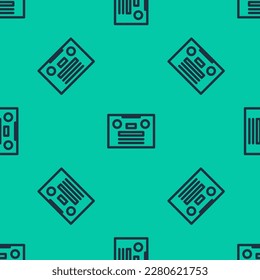 Blue line Retro audio cassette tape icon isolated seamless pattern on green background.  Vector Illustration