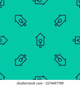 Blue line Retro wall watch icon isolated seamless pattern on green background. Cuckoo clock sign. Antique pendulum clock.  Vector Illustration