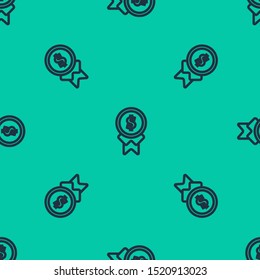 Blue line Reward for good work icon isolated seamless pattern on green background. Employee of the month, talent award, outstanding achievement, successful person.  Vector Illustration