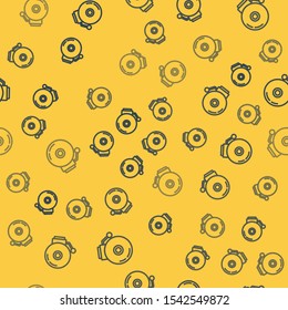Blue line Ringing alarm bell icon isolated seamless pattern on yellow background. Alarm symbol, service bell, handbell sign, notification symbol.  Vector Illustration