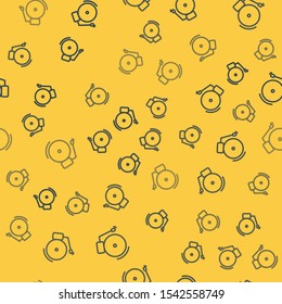 Blue line Ringing alarm bell icon isolated seamless pattern on yellow background. Alarm symbol, service bell, handbell sign, notification symbol.  Vector Illustration
