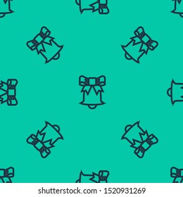 Blue line Ringing bell icon isolated seamless pattern on green background. Alarm symbol, service bell, handbell sign, notification symbol.  Vector Illustration